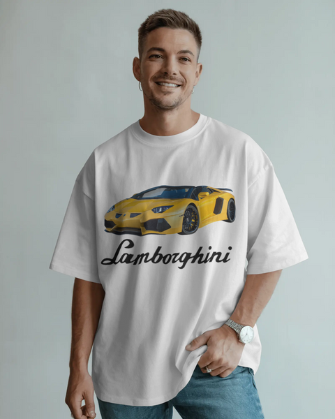 Lamborghini Aventador İlhamlı Spor Araba Tasarımlı Unisex Oversize Beyaz Tişört – Lüks Streetwear Koleksiyonu