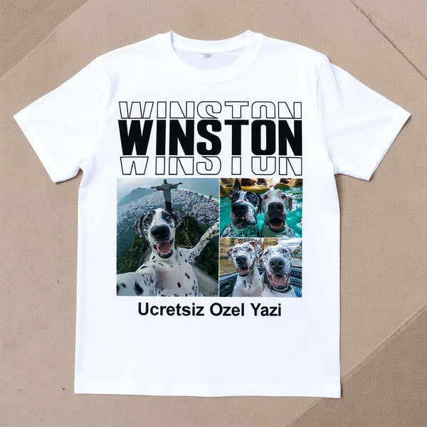 Köpek Fotoğraflı Kişiye Özel İsimli Tişört – Sevimli Evcil Hayvan Tasarımıyla Unisex Beyaz Tişört