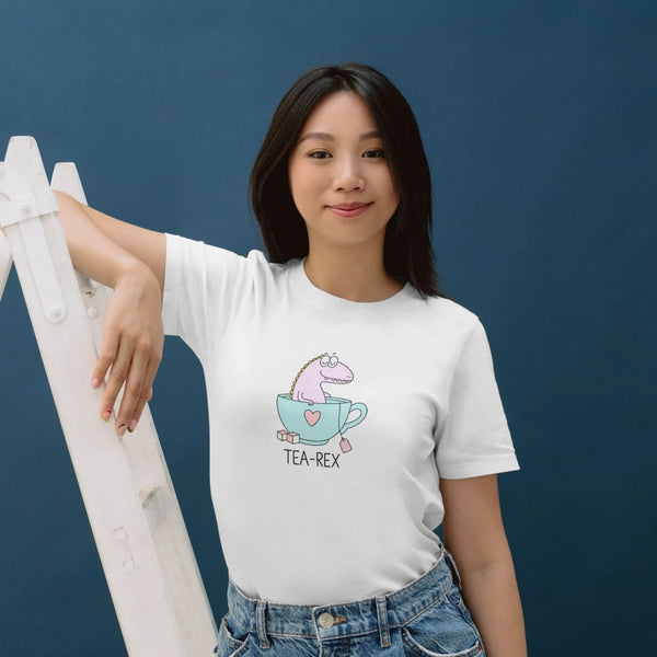 TEA-REX Funny Dinosaur T-Shirt – Cute Pastel Tea Lover Tee for Women & Kids
