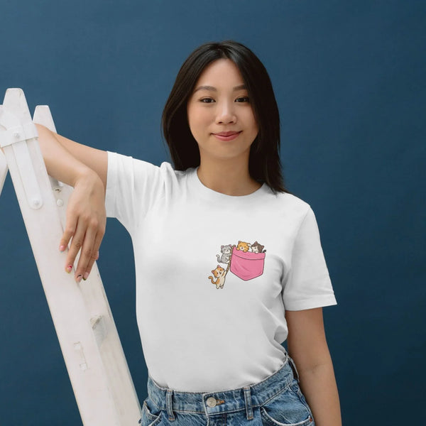 Cute Cats in Pocket T-Shirt – Minimal Kawaii Cat Lover Graphic Tee