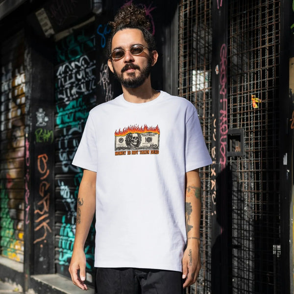 Burning Dollar “Money Is Not Taken Dead” T-Shirt – Anti-Capitalist Streetwear Graphic Tee