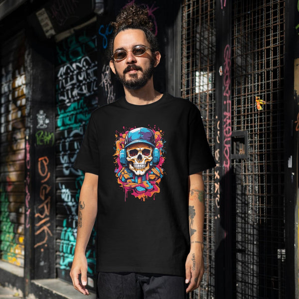 Renkli Kafatası Kulaklık Tasarımlı Unisex Tişört – Sokak Stiliyle Buluşan Cesur Grafik