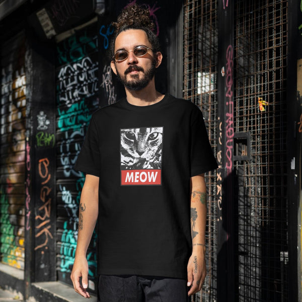 MEOW Yazılı Kedi Baskılı Pop Art Tişört – Unisex Beyaz Oversize T-Shirt