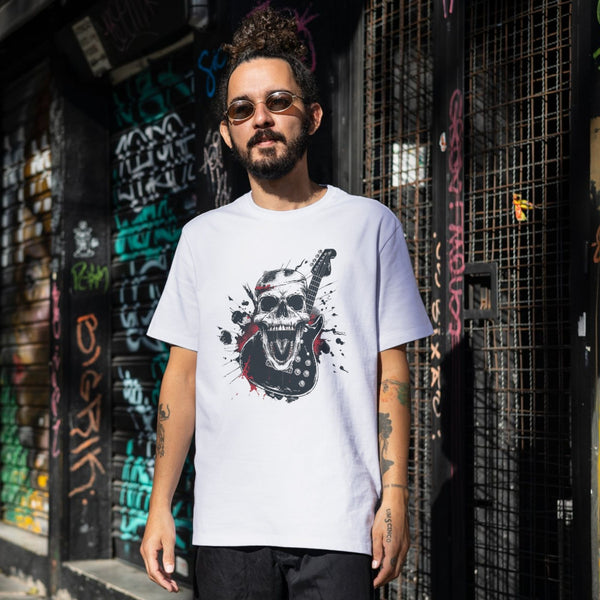 Rock'n Skull Tişört – Çığlık Atan Kafatası ve Gitar Tasarımlı Asi Unisex T-shirt