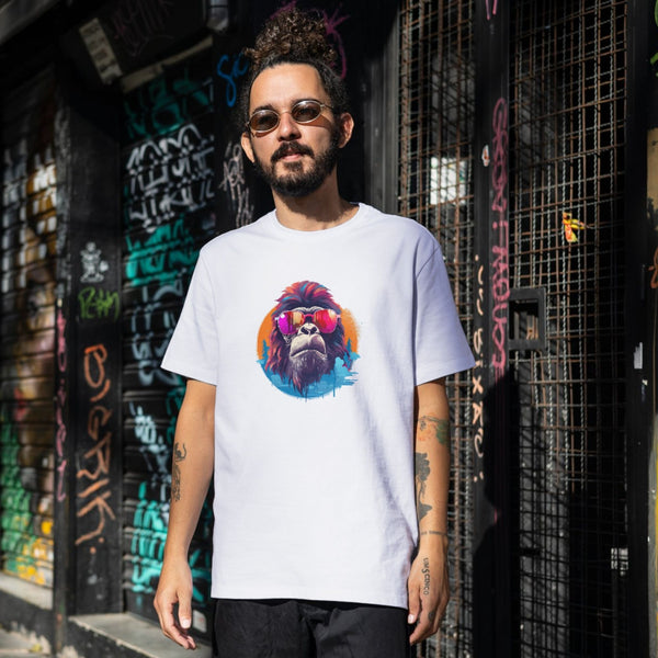 Güneş Gözlüklü Renkli Goril Tişört – Tarz Sahibi ve Cesur Tasarım