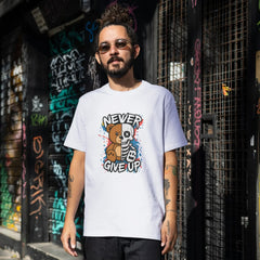Never Give Up Teddy Bear T-Shirt – Motivational Urban Streetwear Tee