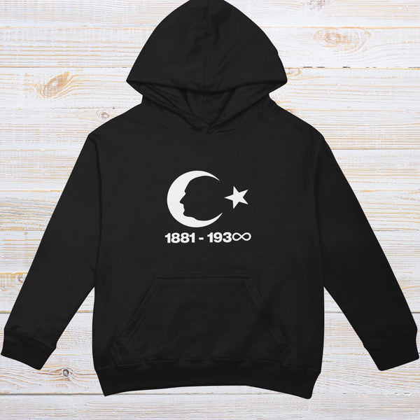 1881–193∞ Atatürk Hoodie – Unisex Siyah Kapüşonlu Sweatshirt, Özel Tasarım