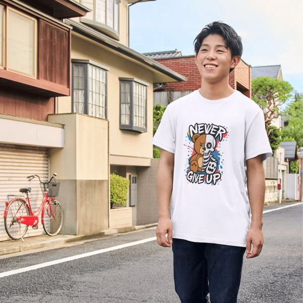 Never Give Up Teddy Bear T-Shirt – Motivational Urban Streetwear Tee