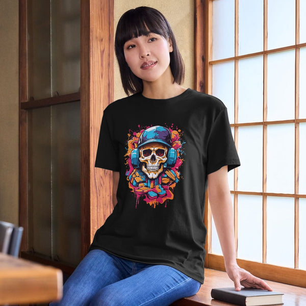 Renkli Kafatası Kulaklık Tasarımlı Unisex Tişört – Sokak Stiliyle Buluşan Cesur Grafik