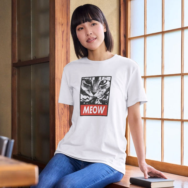 MEOW Yazılı Kedi Baskılı Pop Art Tişört – Unisex Beyaz Oversize T-Shirt