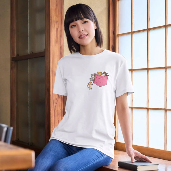 Cute Cats in Pocket T-Shirt – Minimal Kawaii Cat Lover Graphic Tee