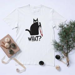 "WHAT?!" Funny Cat with Knife T-Shirt – Dark Humor Meme Tee for Cat Lovers