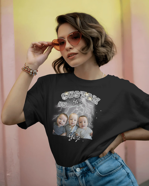 Kişiselleştirilebilir Fotoğraflı Unisex Oversize Tişört – Custom Yazı Tasarımlı